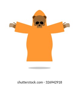 Death bear in yellow clothes reaches out his hands for hug. Skeleton of wild animal  Grim Reaper . Icon for Halloween.
