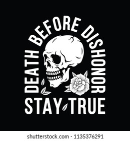 DEATH BEFORE DISHONOR STAY TRUE SKULL ROSE LOGO BADGE WHITE BLACK