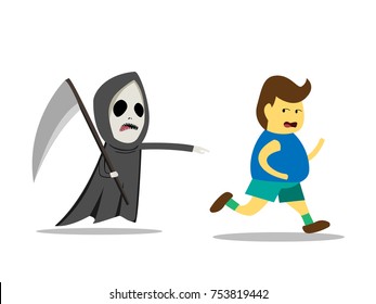 Death is the best motivation for weight loss, Fat man run alway from grim reaper, vector
