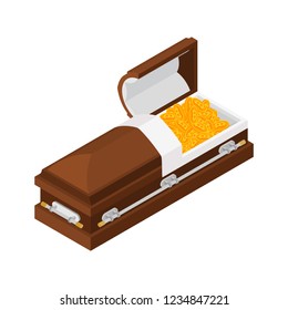 Death bitcoin in coffin. Rip cryptocurrency. Parting electronic money. Sorrow Virtual cash
