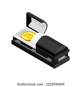 Death bitcoin in coffin. Rip cryptocurrency. Parting electronic money. Sorrow Virtual cash
