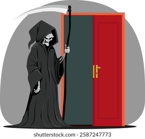 Death in black cape with scythe stands front of  door of house. Stock vector illustration