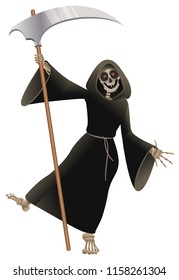 Death in black cloak with scythe dancing party Halloween. Isolated on white fun vector cartoon illustration