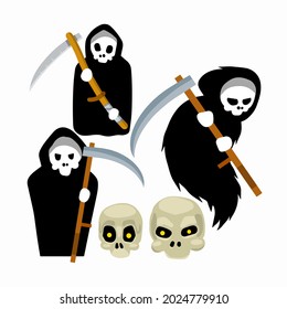 Death in a black hoodie with scythe. Dark character with scythe. Human skeleton and skull. Flat cartoon illustration. Element and Halloween costume