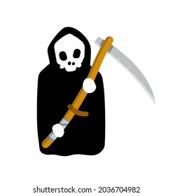 Death in a black hoodie with scythe. Dark character with scythe. Element and Halloween costume. Human skeleton and skull. Flat cartoon illustration