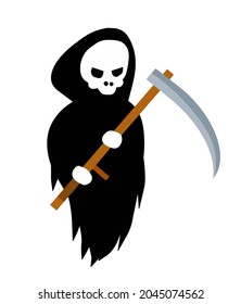 Death in a black hoodie with scythe. Dark character with scythe. Human skeleton and skull. Flat cartoon illustration. Element and Halloween costume