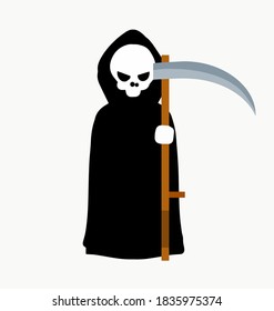 Death in a black hoodie with scythe. Human skeleton and skull. Flat cartoon illustration. Dark character with scythe. Element and Halloween costume