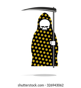 Death in black Pajamas with yellow flowers. Grim Reaper in hood and oblique. Halloween character doom. 