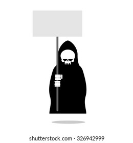 Death with an blank paper over head. Grim Reaper in black clothes holding  banner