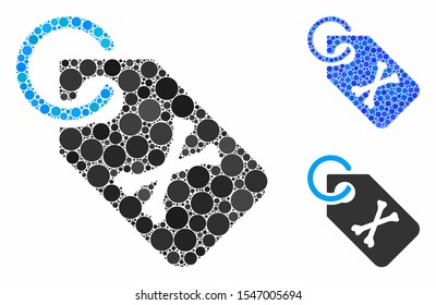 Death bones tag composition of filled circles in various sizes and shades, based on death bones tag icon. Vector filled circles are combined into blue collage.