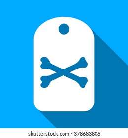 Death Bones Tag long shadow vector icon. Style is a flat light symbol with rounded angles on a blue square background.