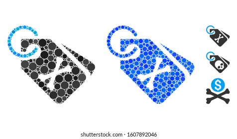 Death bones tags composition of circle elements in different sizes and shades, based on death bones tags icon. Vector circle elements are grouped into blue composition.