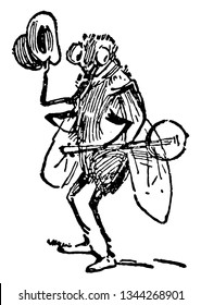 The Death and Burial of Robin this scene shows a monkey carrying guitar in one hand and holding hat in another hand vintage line drawing or engraving illustration
