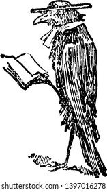 The Death and Burial of Robin this scene shows a standing bird wore hat and reading book vintage line drawing or engraving illustration