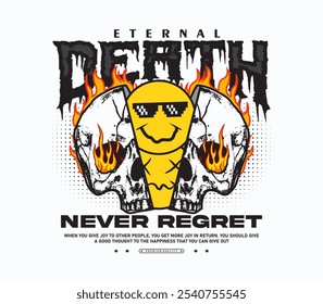 death burning slogan half skull with smile emoji inside. Vector illustration design for fashion, streetwear, graphics, t shirt prints.