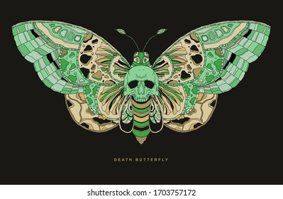 Death butterfly with skull. Vector handdrawn vector illusration. Brown and green.