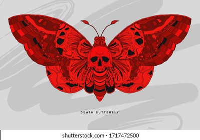 Death butterfly with skull. Vector handdrawn vector illusration. Red and grey.