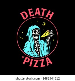 DEATH BY PIZZA GRIM REAPER WITH PIZZA SLICE COLOR BLACK BACKGROUND