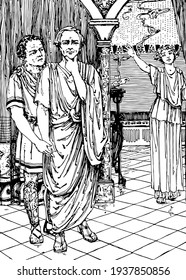 Der Tod von Caesa, diese Szene zeigt zwei Männer, die einen stehen und die Hand halten, Frauen, die in ihrer Nähe stehen und rechte Hand heben, Vintage-Linie Zeichnung oder Gravitation Illustration