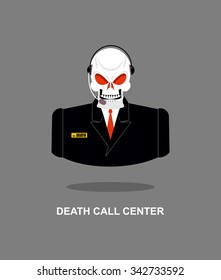 Death Call Center. Skull with headset. Skeleton in suit responds to phone calls. Office Mister doom. Customer feedback for underworld. service support