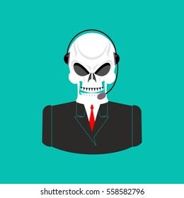 Death call center. Skull with headset. Skeleton feedback operator with clients. afterlife Customer Service
