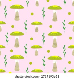 Modelo inconsútil del hongo del casquillo de la muerte. Ilustración vectorial para estampado, fondos, fundas y embalaje. La Imagen se puede utilizar para tarjetas de felicitación, carteles y textiles. Aislado sobre fondo rosa.