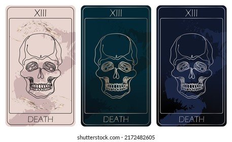 Death. A card of Major arcana one line drawing tarot cards. Tarot deck. Vector linear hand drawn illustration with occult, mystical and esoteric symbols. 3 colors. Proposional to 2,75x4,75 in.