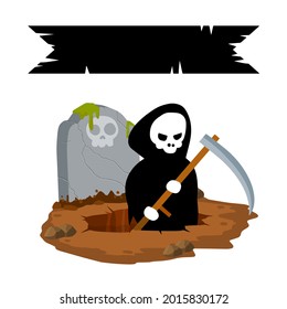 Death in cemetery. Scary character with scythe. Ghost at stone tombstone. Grave and funeral. Gravestone on ground. Halloween element. Flat concept