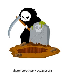 Death in cemetery. Scary character with scythe. Ghost at stone tombstone. Grave and funeral. Gravestone on ground. Halloween element. Flat concept