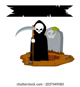 Death in cemetery. Scary character with scythe. Grave and funeral. Gravestone on ground. Halloween element. Flat concept. Ghost at stone tombstone