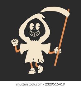 Death character 30s cartoon mascot character 40s, 50s, 60s old animation style. Cartoon cheerful halloween mascot