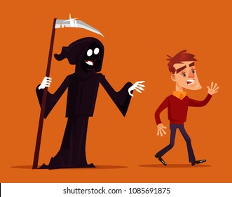 Death character chasing running after scary man mascot. Vector flat cartoon illustration