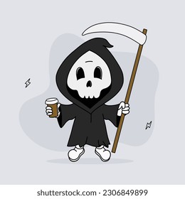 Death character with coffee cup, Cute mystic mascot, Funny halloween 