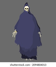 death character in a dark robe skeleton. flat style vector illustration