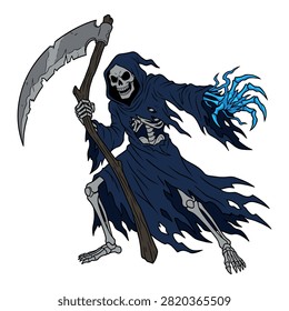 Death character with skeleton features wearing dark cloak and wielding blade.