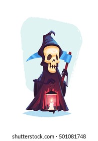 Death character Skeleton with a scythe Cartoon halloween vector illustration