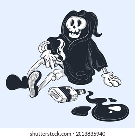 Death character smoke and drink alcohol. Stop bad habit unhealthy life concept. Vector flat graphic design illustration
