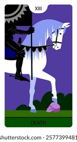 The Death character of Tarot playing card with a skull and black knight on a white horse in modern cartoon minimalism flat style. Vector illustration in minimalism flat style