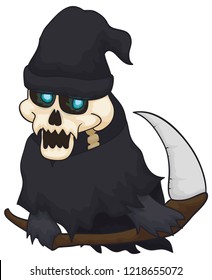 Death character wearing a ragged black robes and a sharp scythe, ready to go out during Halloween celebration for soul harvest.