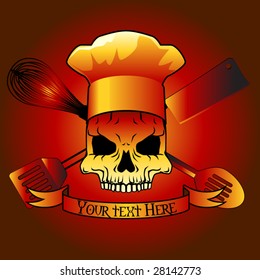 Death chef- skull with utensils vector design (text easily removed)