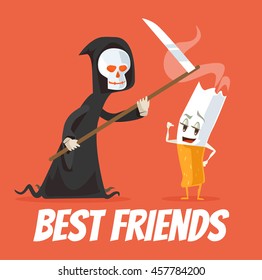 Death and cigarette characters best friends. Vector flat cartoon illustration