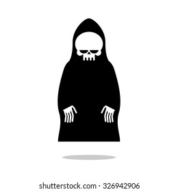 Death cloak hovers above ground. Grim Reaper in black hood. Cute doom hands down. Illustration for Halloween.