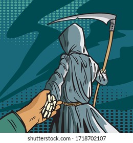 Death in a cloak with a scythe leads a person by the hand. Follow me. Comic style illustration.