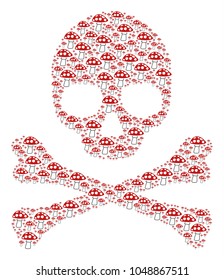 Death collage created of mushroom elements. Vector mushroom design elements are organized into mosaic skull collage.
