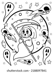 Death. Coloring book for Halloween. Coloring book for children and adults. Spooky coloring. Kawaii.