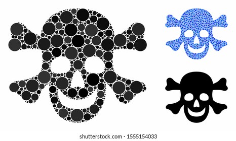 Death composition of round dots in variable sizes and color tones, based on death icon. Vector round dots are grouped into blue composition. Dotted death icon in usual and blue versions.