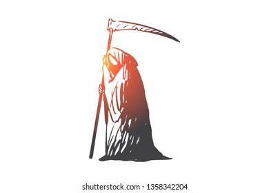 Death, costume, carnival, monster, spooky concept. Hand drawn person in dress of death concept sketch. Isolated vector illustration.