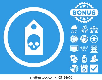 Death Coupon icon with bonus elements. Vector illustration style is flat iconic symbols, white color, blue background.