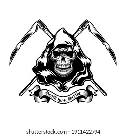 Death and crossed scythes emblem design. Monochrome element with skull in black hood vector illustration with text. Horror and myth concept for symbols and labels templates