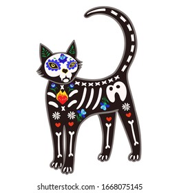 Death Day cat  Sugar skeleton isolate white background  Vector graphics 